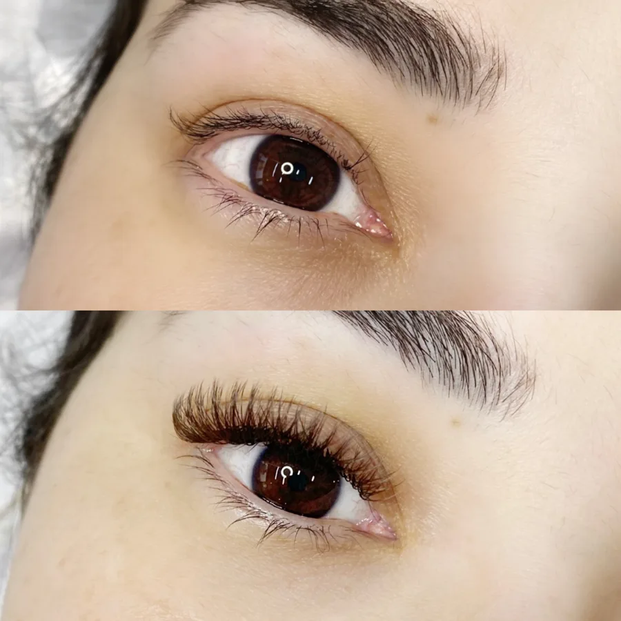 O mesmo olho duas vezes: em cima só com os cílios naturais, embaixo com a extensão aplicada no Studio Crystal Lashes