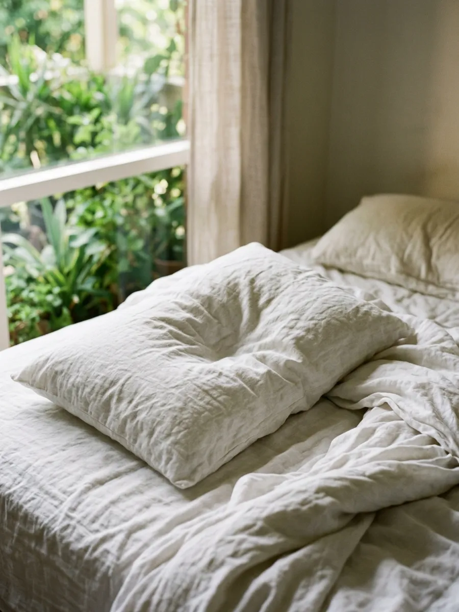 Travesseiro de linho branco amassado numa cama desfeita, com a marca funda de quem dormiu de lado, com a luz da manhã entrando pela janela