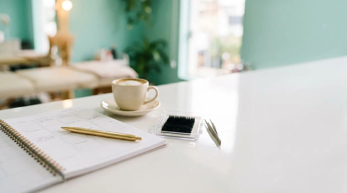 Agenda de mesa aberta sobre a bancada branca do studio, com caneta dourada, xícara de café e uma cartela de fios de extensão de cílios, com a parede verde-água ao fundo