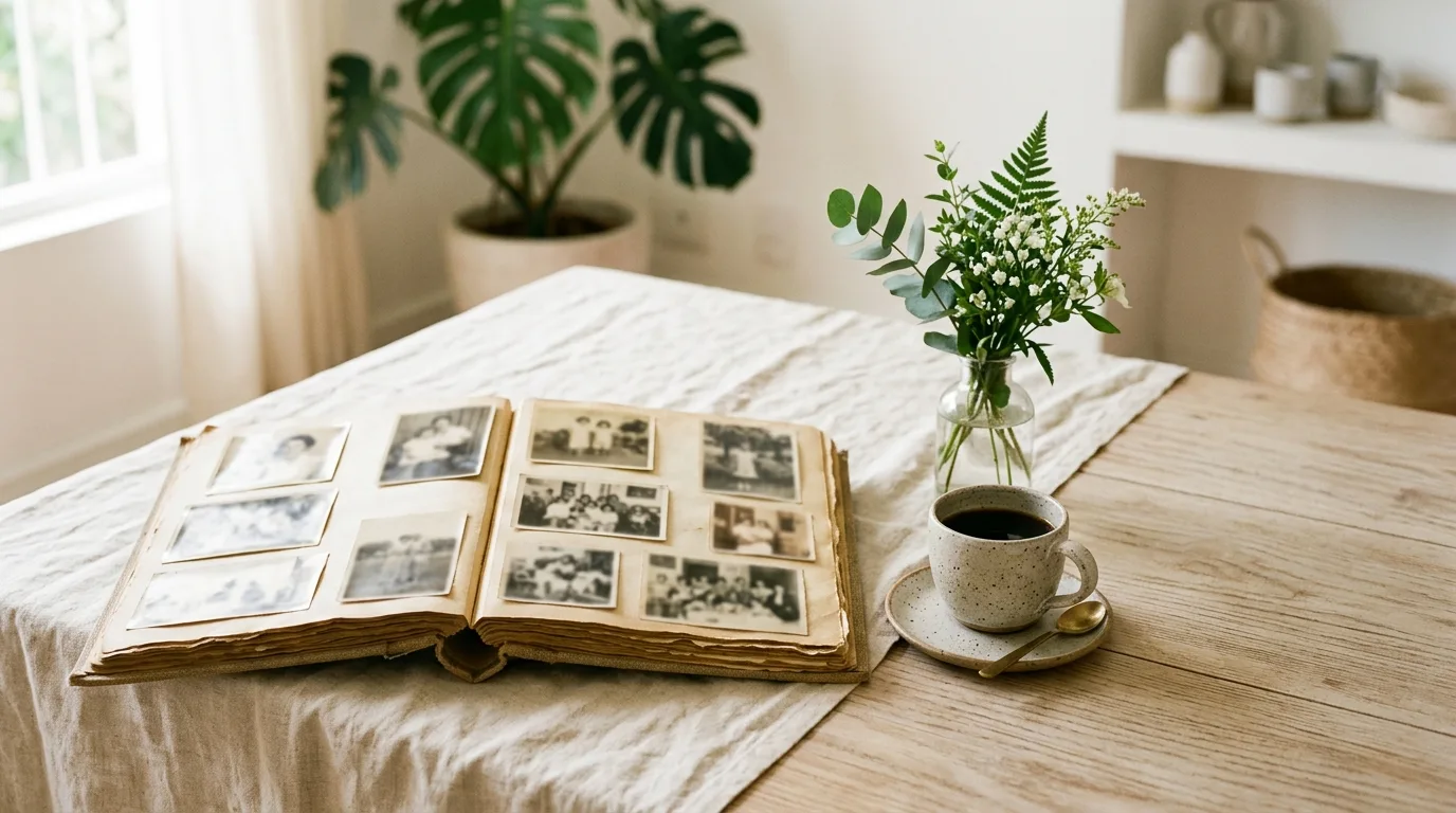 Álbum de fotos de família antigo aberto sobre uma mesa de madeira clara com toalha de linho, ao lado de uma xícara de café e de um vaso com folhagem, na luz da manhã