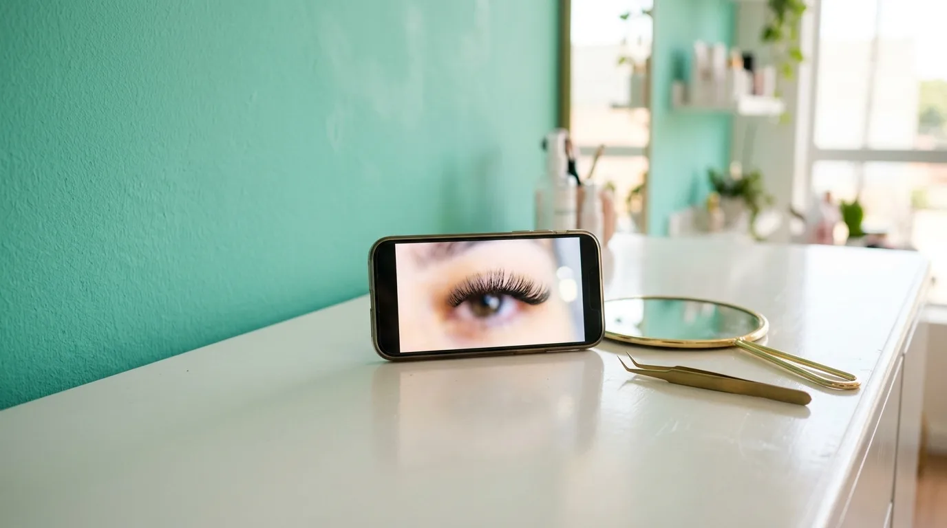 Celular em pé sobre a bancada branca do studio, com a foto de um olhar de cílios longos na tela, ao lado de um espelho de mão dourado e de uma pinça, com a parede verde-água ao fundo
